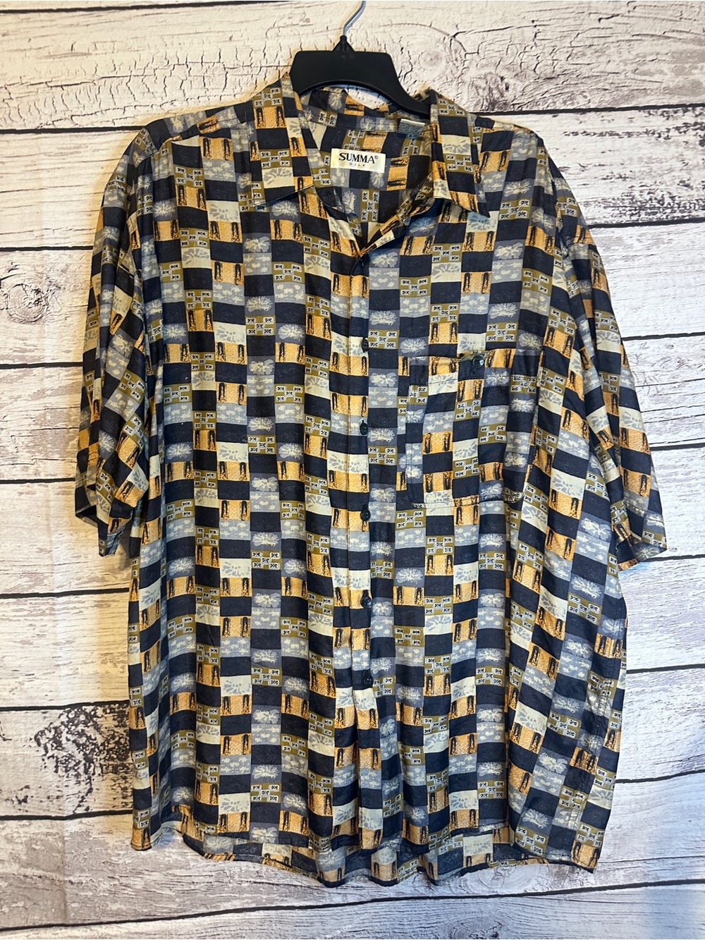 Vintage 90s Summa 100% Silk Abstract Geometric Button Up Shirt Mens L